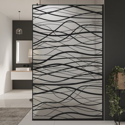 Glastrennwand Dusche Satinato mit schwarzem Druck FRAME FLORA 2