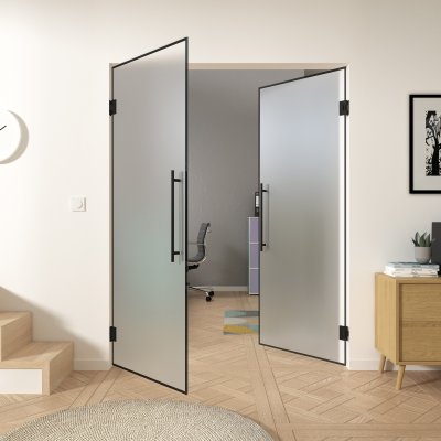 Doppel-Glaspendeltür mit schwarzem Rahmen FRAME 3 Satinato
