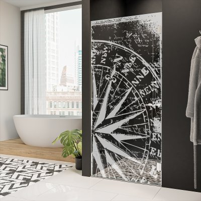 Dusche Glastür nach Maß mit Motiv WINDROSE 101