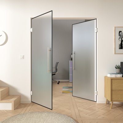 Doppel-Glaspendeltür mit schwarzem Rahmen FRAME 3 Satinato